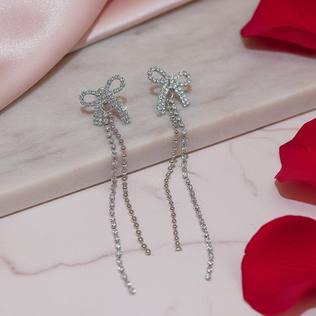 Diamond Bow Tassel Earrings - GoDazzle