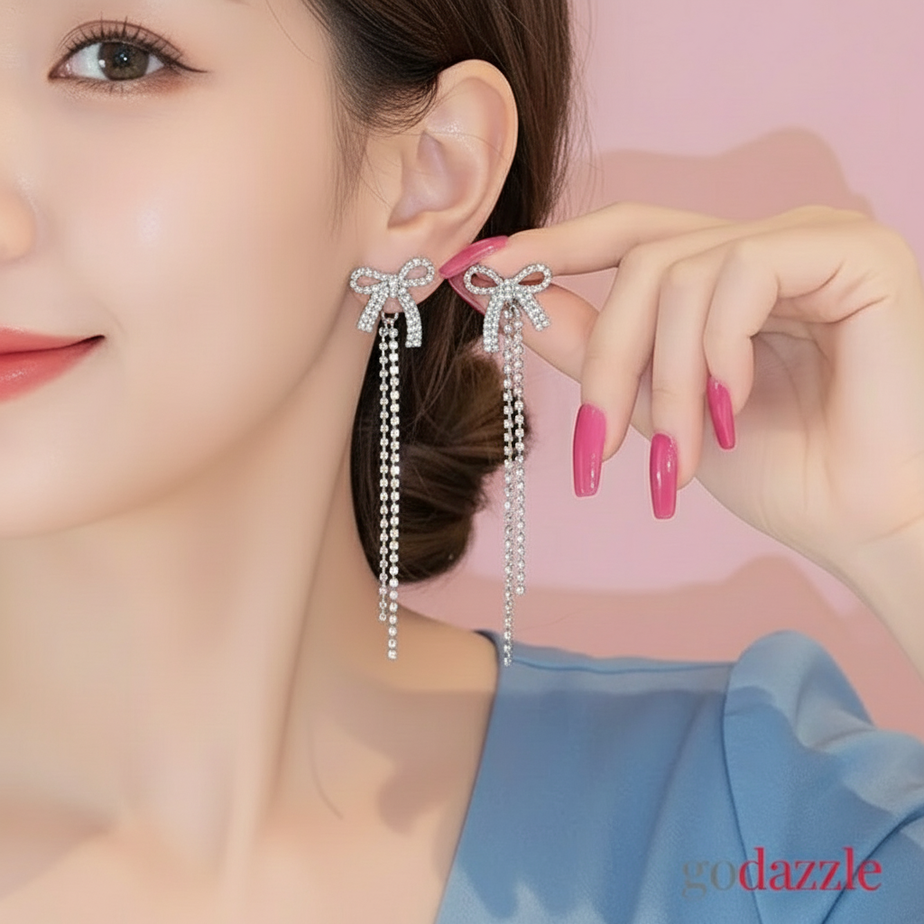 Diamond Bow Tassel  Earrings - GoDazzle