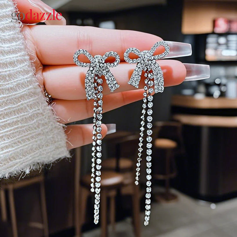 Diamond Bow Tassel  Earrings - GoDazzle