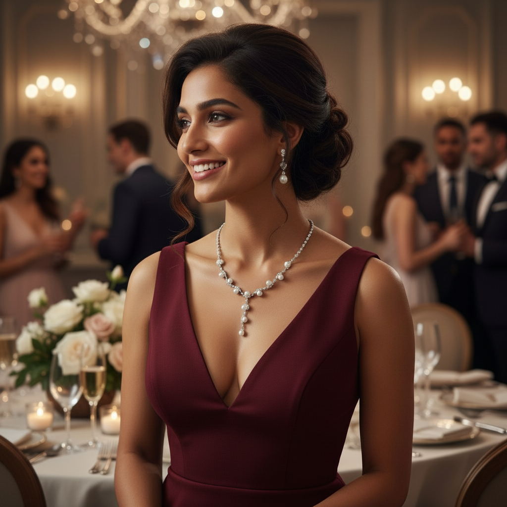 Pearl necklace and earrings set on a black mannequin bust with 'godazzle' branding.